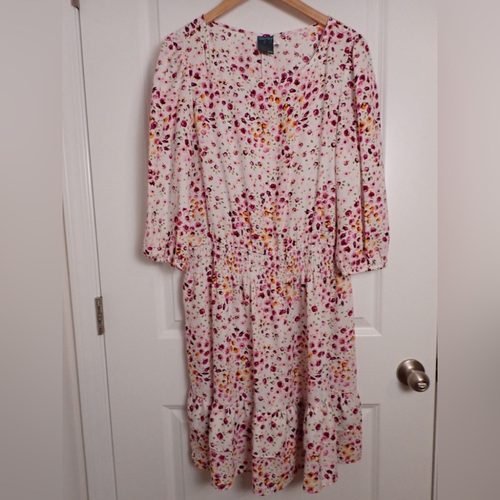 Gabby & Skye White/Multicolored Floral 3/4 Balloon Sleeve Elastic Waist Dress 16